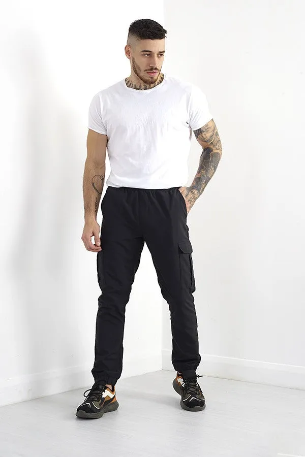 BLACK TASLAN CARGO POCKET ELASTICATED TROUSERS