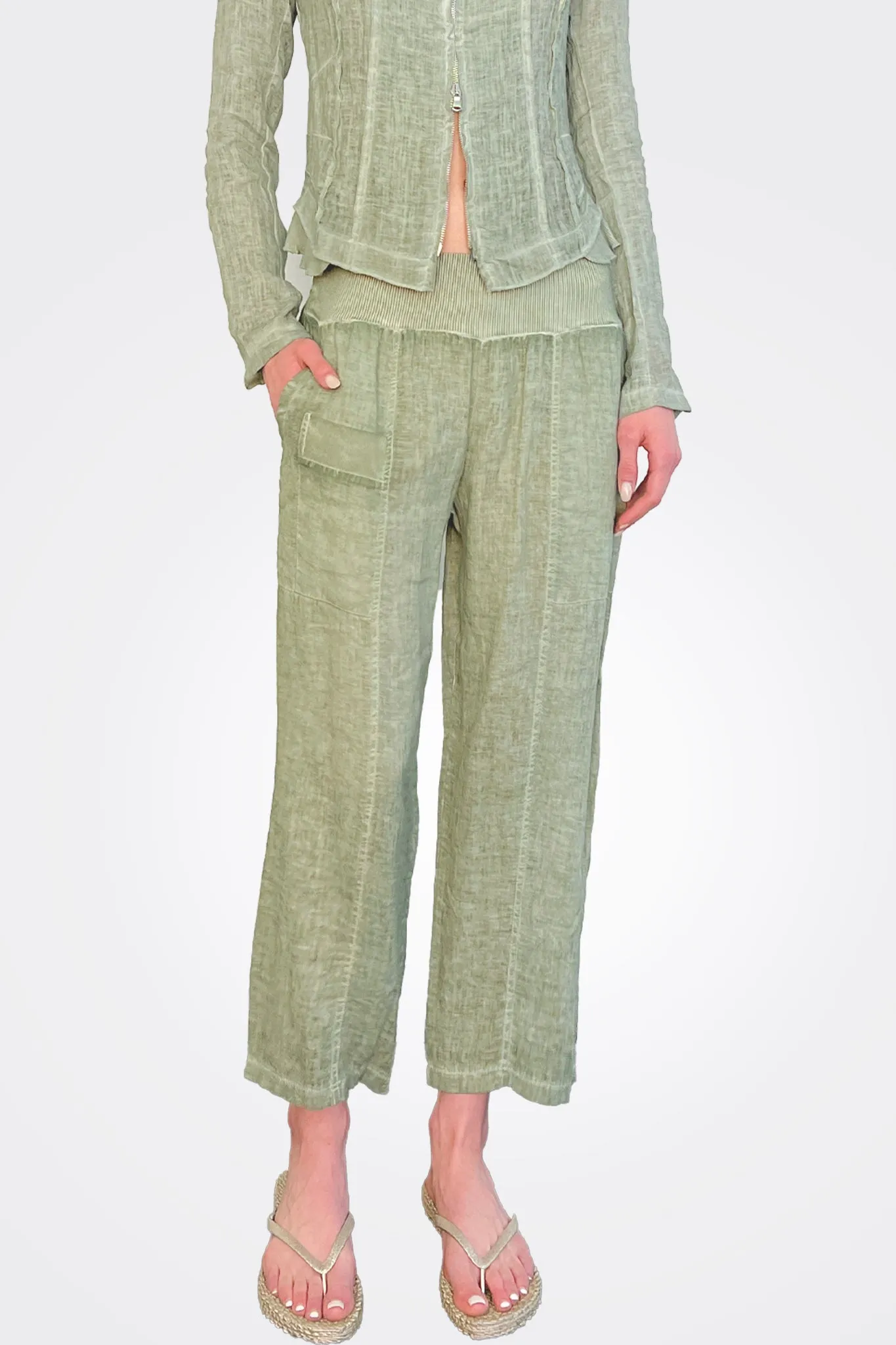 Capri Linen Crop Pant - Cactus