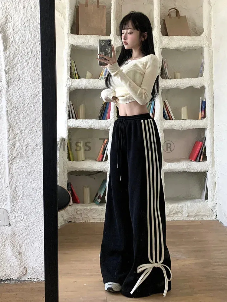 Girlary Striped Sweatpants Baggy Casual Y2k Women Streetwear Elastic Waist Wide Leg Pants Sporting Trousers Clothes 90s Gothic Hiphop