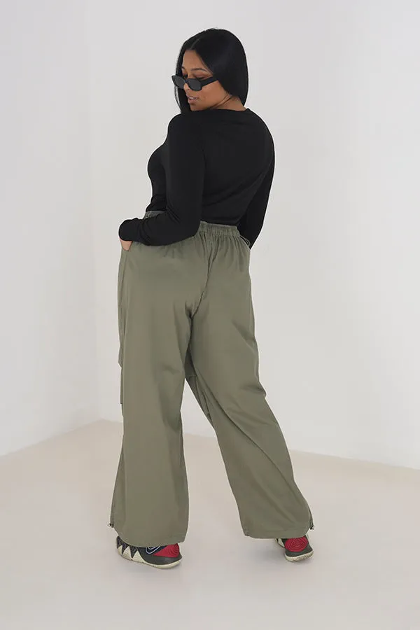 PLUS SIZEW KHAKI WIDE LEG UTILITY CARGO TROUSERS